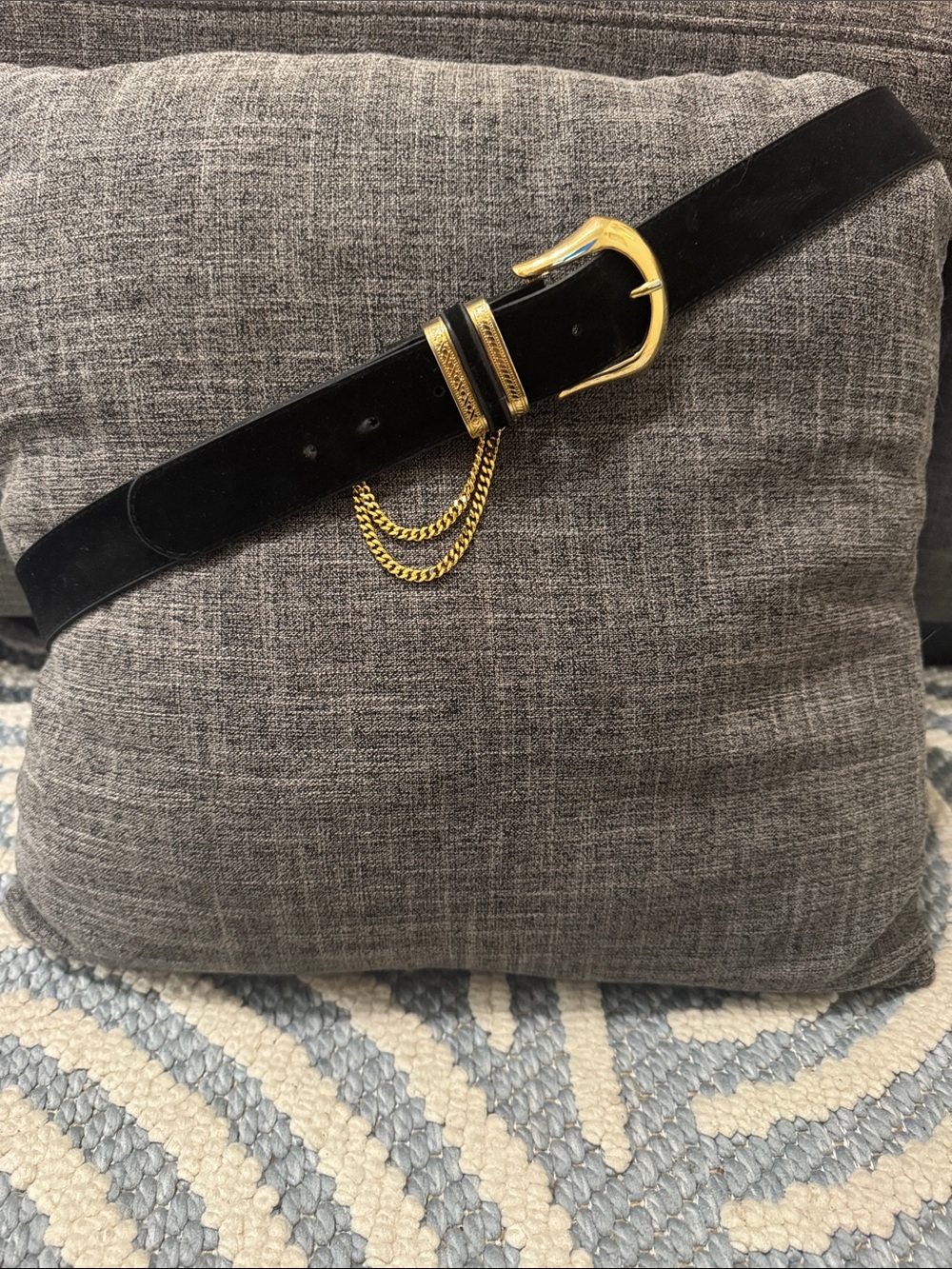 Vintage Black Velvet Belt Gold Buckle Double Chain